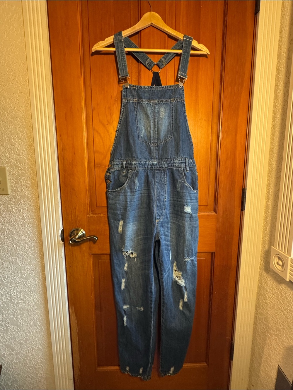 POL Blue Distressed (holes) Denim Overalls w/ Unique Back Straps